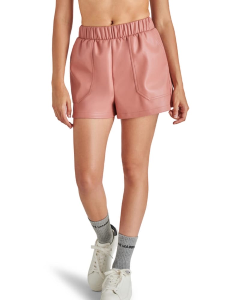 Front of a model wearing a size XL Faux The Record Short In Rose in Rose by STEVE MADDEN. | dia_product_style_image_id:353338